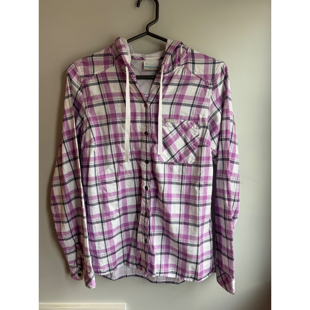 Columbia Women's Small Purple Plaid Hooded Button Down Shirt 100% Cotton